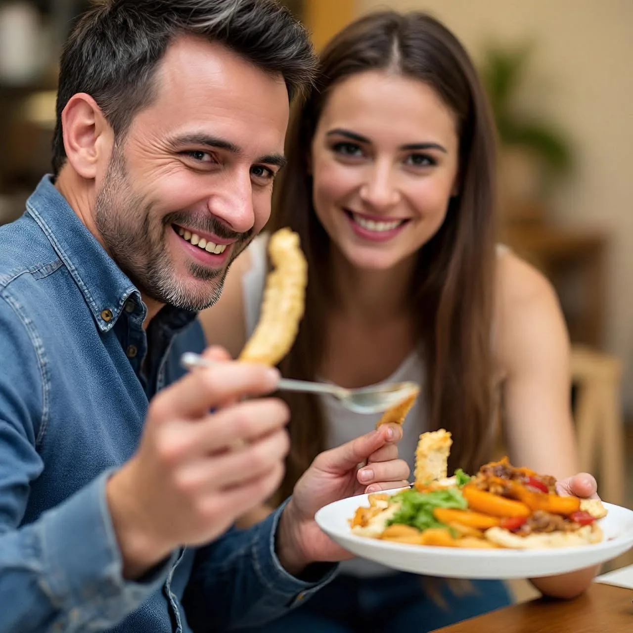 Personas disfrutando comida en restaurante